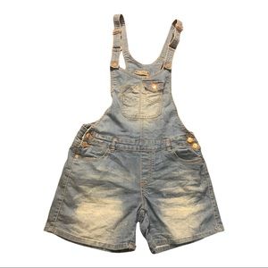 Faded light blue denim Jean shortalls gold buttons 4” inseam size Medium